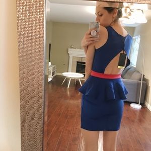 Blue peplum mini dress with hot pink belt